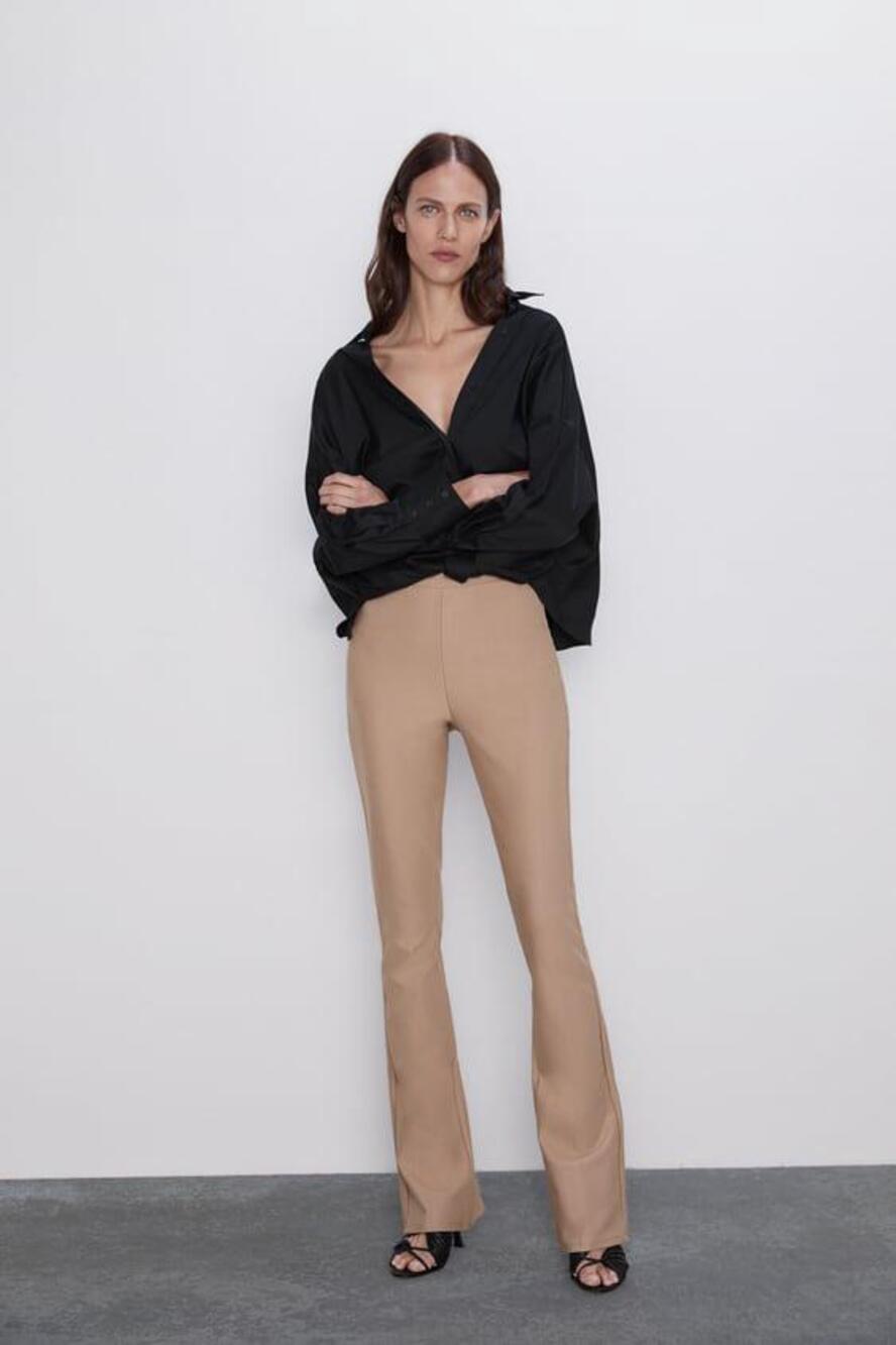 ZARA Stretch Twill Knit Pull On Flared Pants Brown High Rise Womens Medium